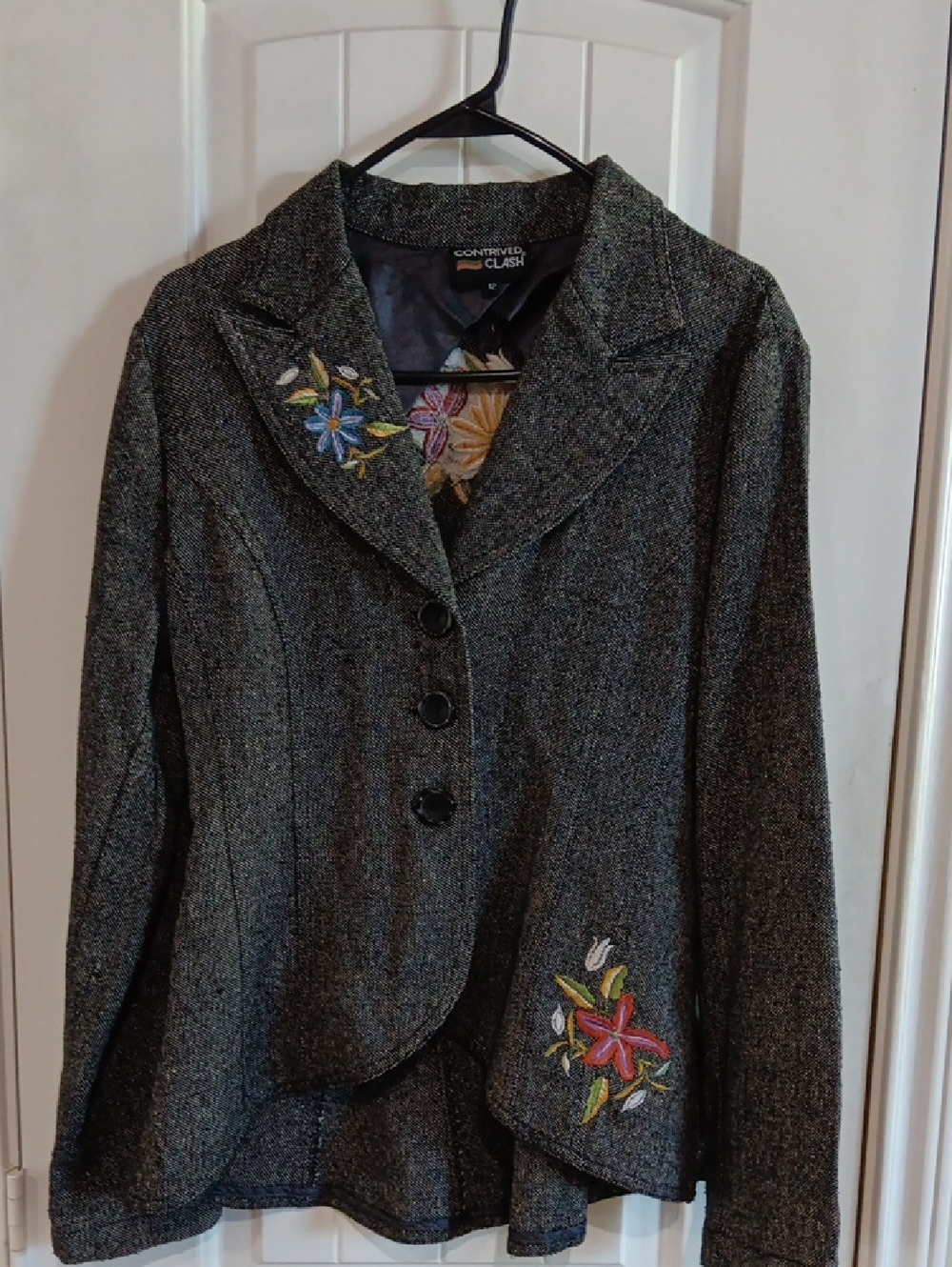 Vtg Contrived Clash Embroidered Tweed Peplum Blazer Size 12 Artsy Equestrian Y2K